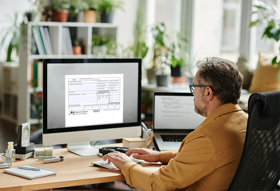 Tax professional reviews a clergy W-2 on a computer in a church office