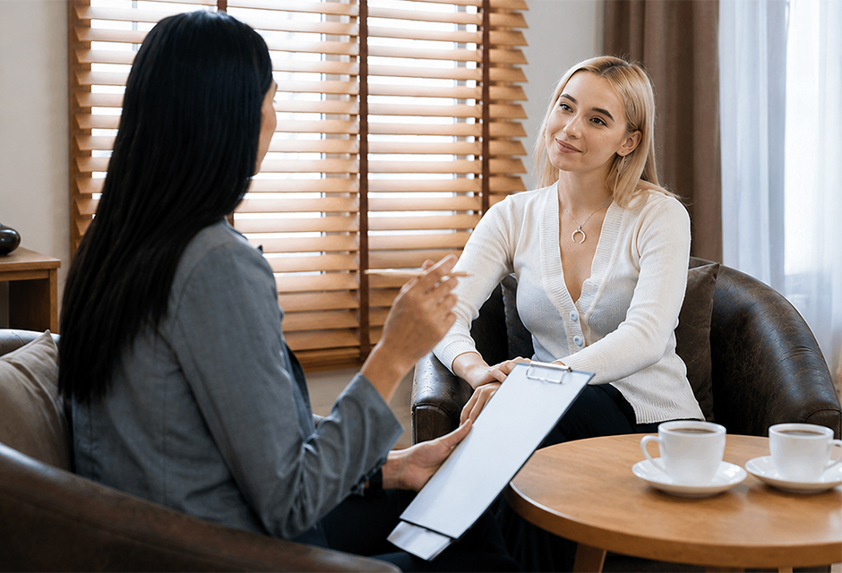 Tax professional helping a client review Form W-4 withholding elections and tax documents at a desk
