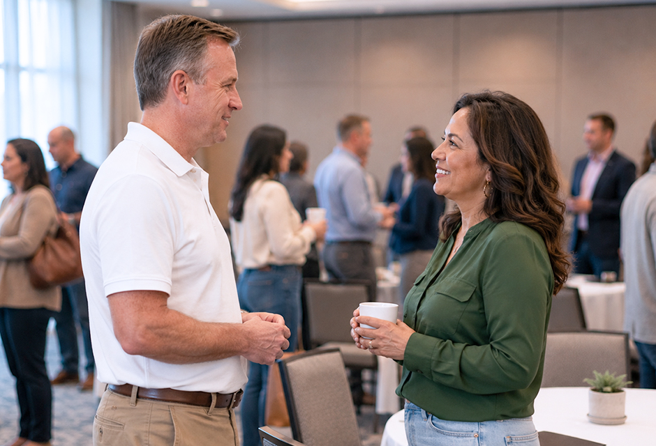 Two tax professionals talk during a chapter event, building a trusted professional connection.