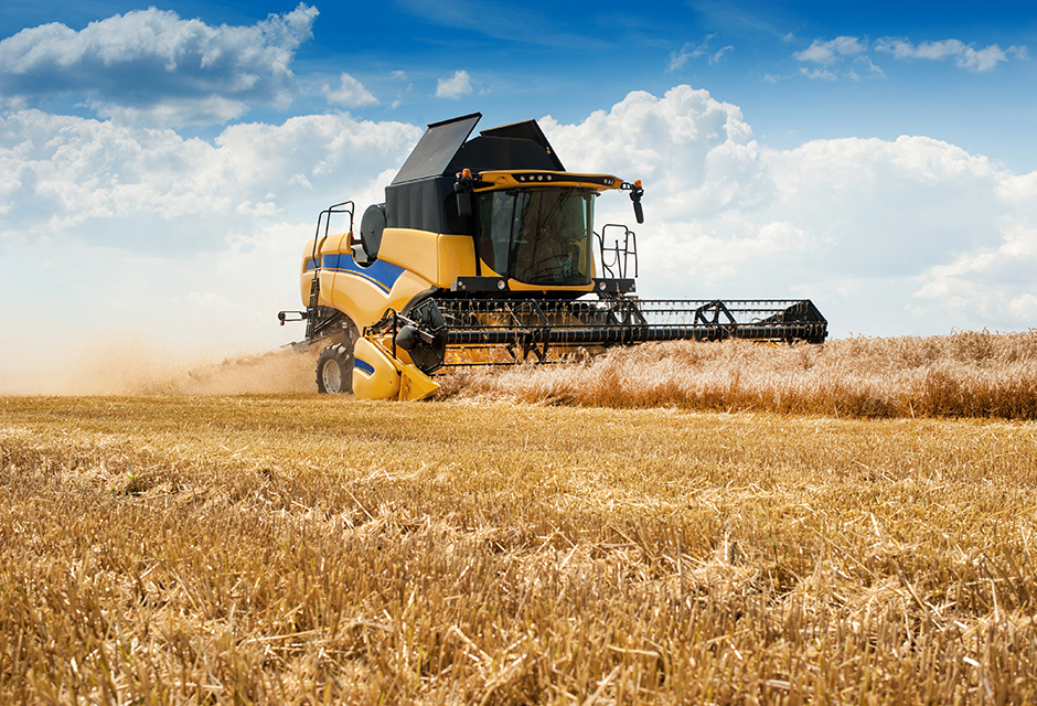 Combine harvesting wheat in a field, representing agricultural tax planning, reporting and compliance considerations for farming clients