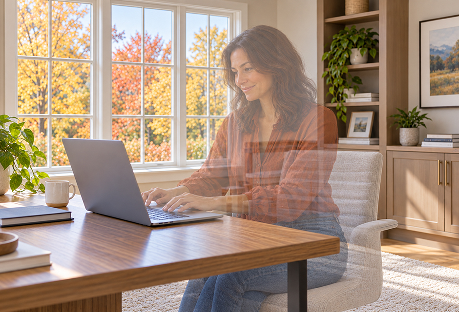 A translucent woman works on a laptop in a home office, illustrating the hidden role of ghost tax return preparers.