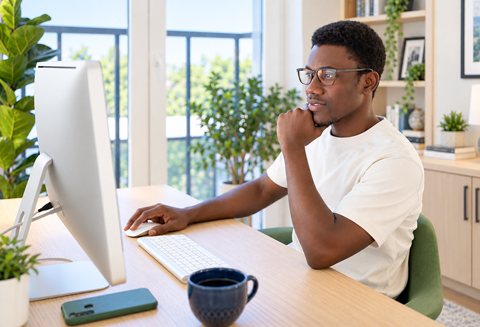 Man reviewing retirement plan information at a home office computer, illustrating SEP contribution deadline planning for a sole proprietor.