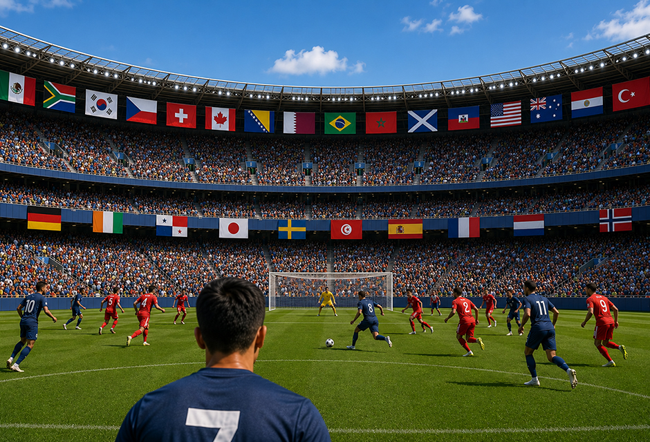 International soccer match with global flags, illustrating 2026 World Cup tax issues for foreign clients with U.S. income