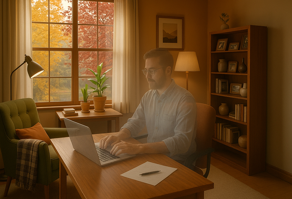 Semitransparent tax professional working at a laptop in an autumn home office, reflecting partnership basis issues that can haunt an estate.