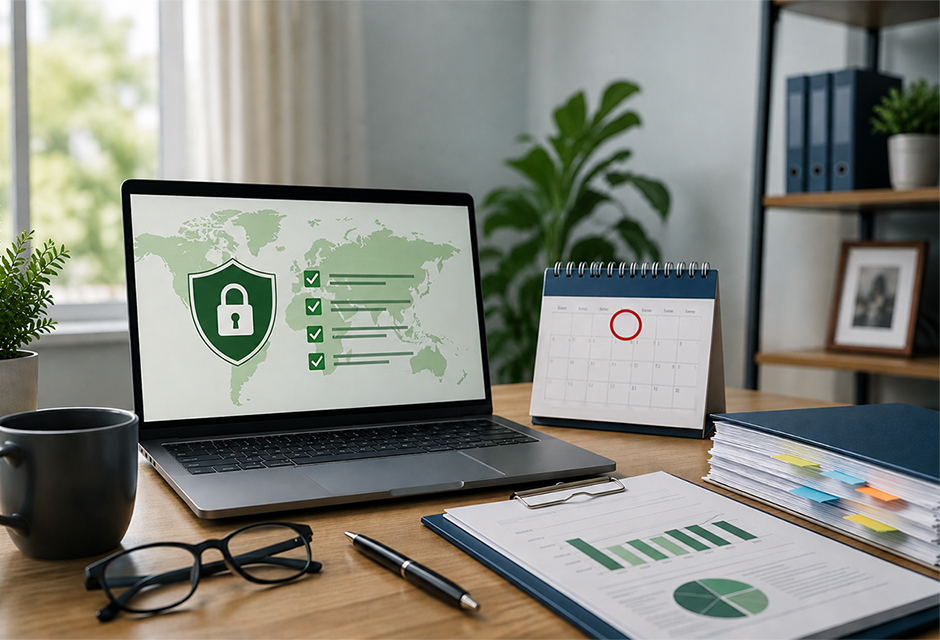 Cybersecurity compliance checklist displayed on a laptop beside a calendar, glasses and organized business documents.