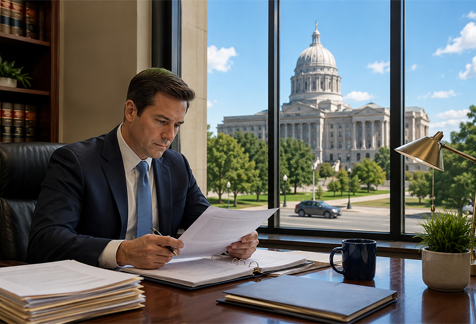State legislator reviewing tax documents near state capitol for Section 162(h) election and legislative expense deduction planning