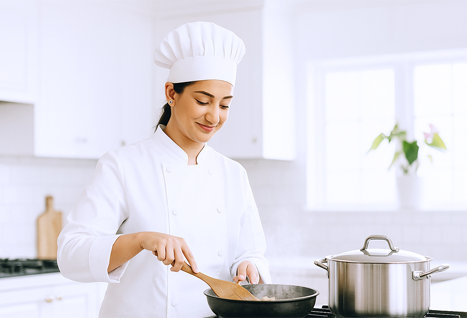 Chef preparing food in a commercial kitchen, illustrating the early tax planning decisions involved in starting a catering business.