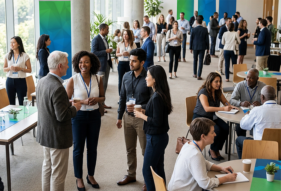 Tax professionals networking at a conference for Taxposium networking tips