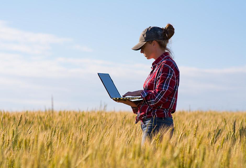 Farmer using a laptop in a field to manage Schedule F records and prepare for a potential tax audit