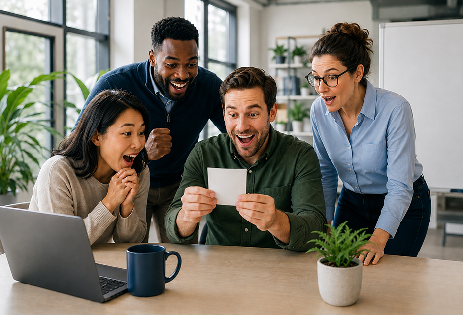 Coworkers in an office react to a winning lottery ticket, illustrating office lottery pool tax rules, ownership questions and jackpot reporting