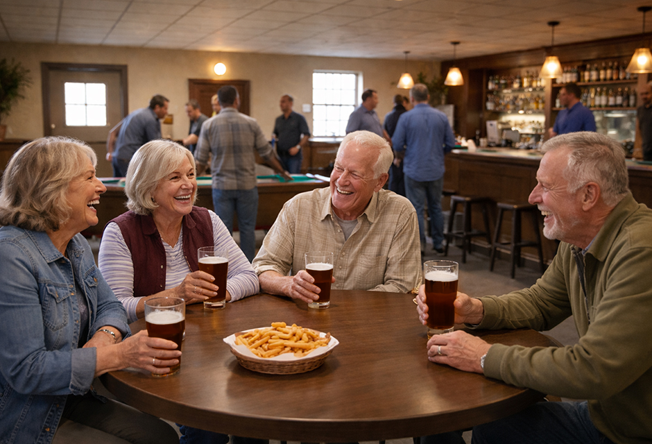 Four older adults enjoy drinks at a VFW-style bar, illustrating how revenue from unrelated business activities may trigger Form 990-T filing requirements.