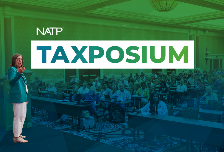 Tax professionals attending an in-person tax conference, learning from expert speakers, discussing industry trends and networking with peers at NATP Taxposium