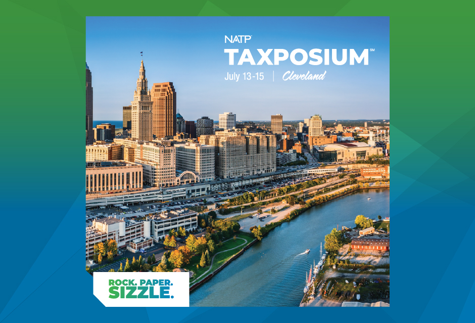 NATP Taxposium Cleveland skyline image promoting the July 13-15 tax conference for tax professionals